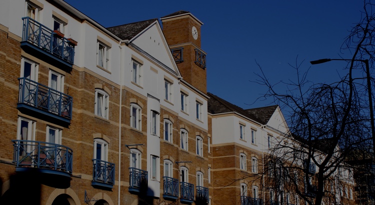 The windows and balconies of flats facing the street, above which sits the clock tower and pointed roofs of the development.