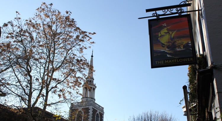 The Mayflower sign and St. Mary's church spire