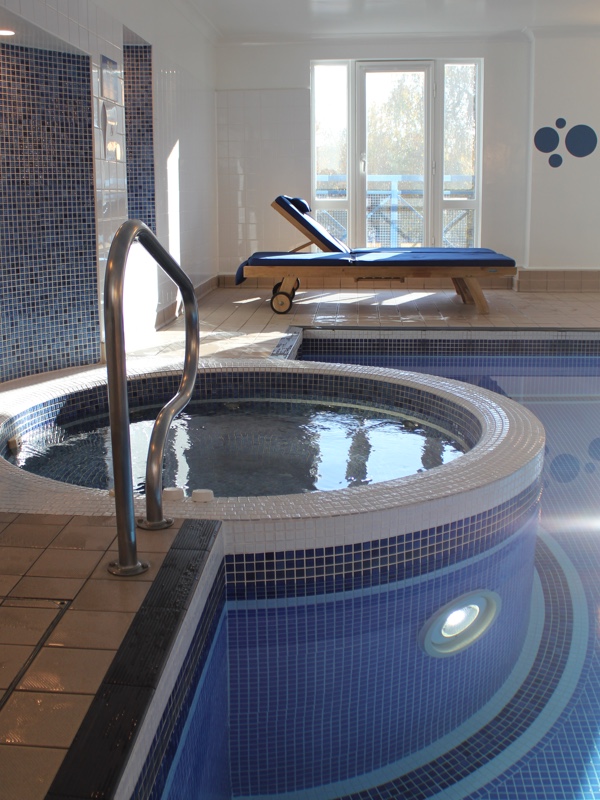 The jacuzzi and loungers in front of a window
