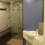 The ladies' changing room, with shower, sink, toilet and changing bench
